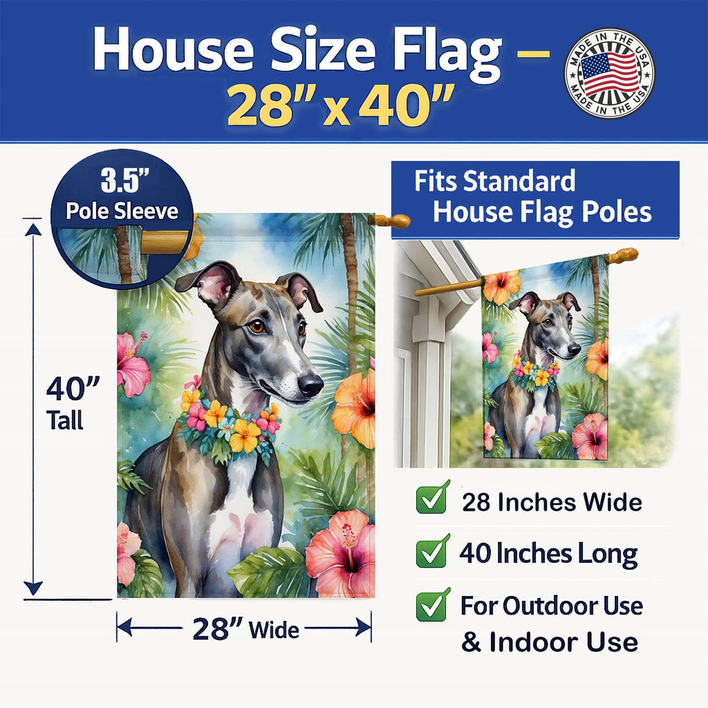 Greyhound Luau House Flag 28x40 Porch Sleeve Pole Decorative Outside Yard Banner Artwork Wall Hanging, Polyester