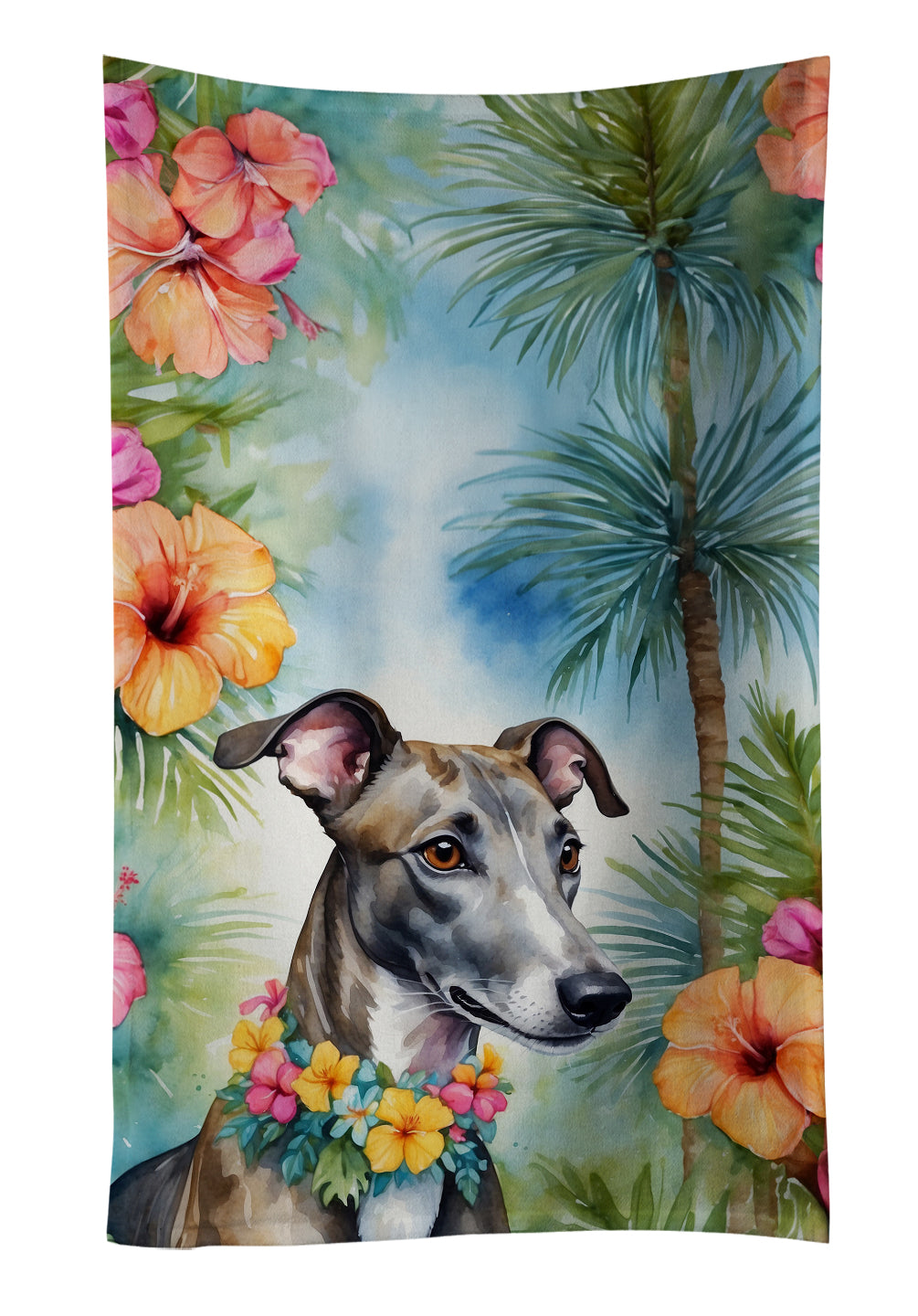 Greyhound Luau Kitchen Towel Velour Plush Front and Cotton Loop Back Machine Washable