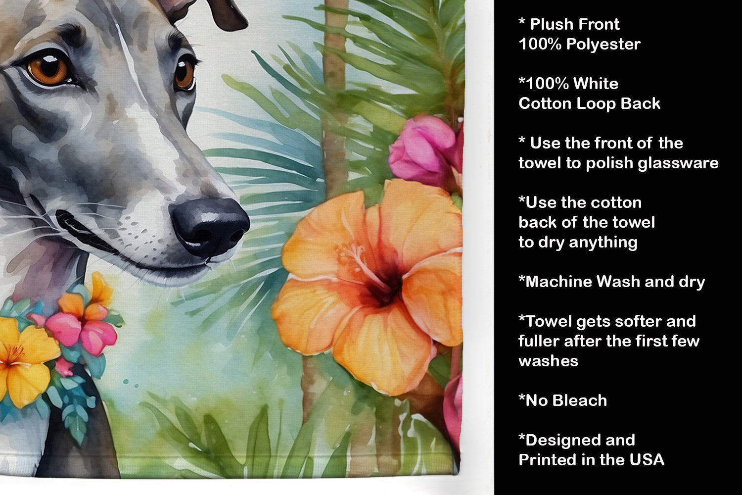 Greyhound Luau Kitchen Towel Velour Plush Front and Cotton Loop Back Machine Washable