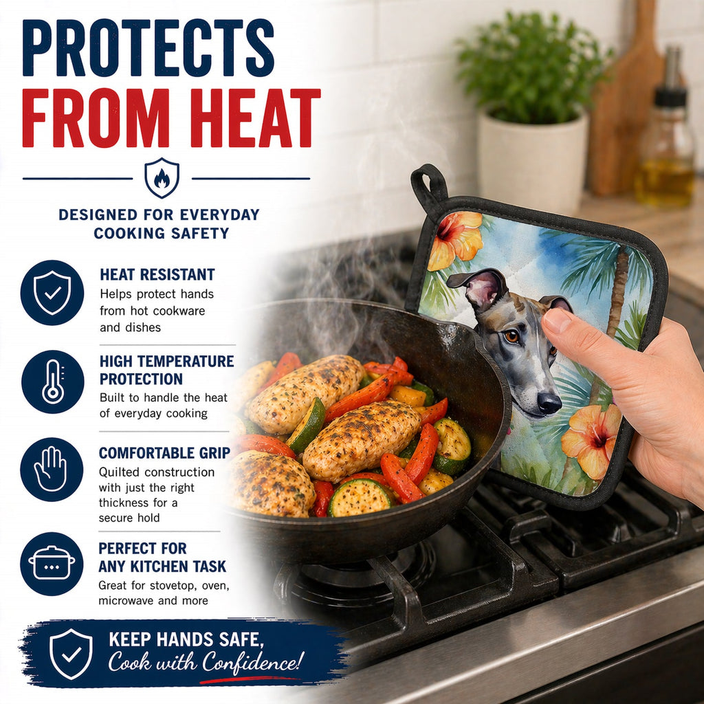 Greyhound Luau Pot Holder Set of 2 Heat Resistant Quilted Hot Pads 7.5 x 7.5 Inch, Insulated Kitchen Trivets for Cooking & Baking