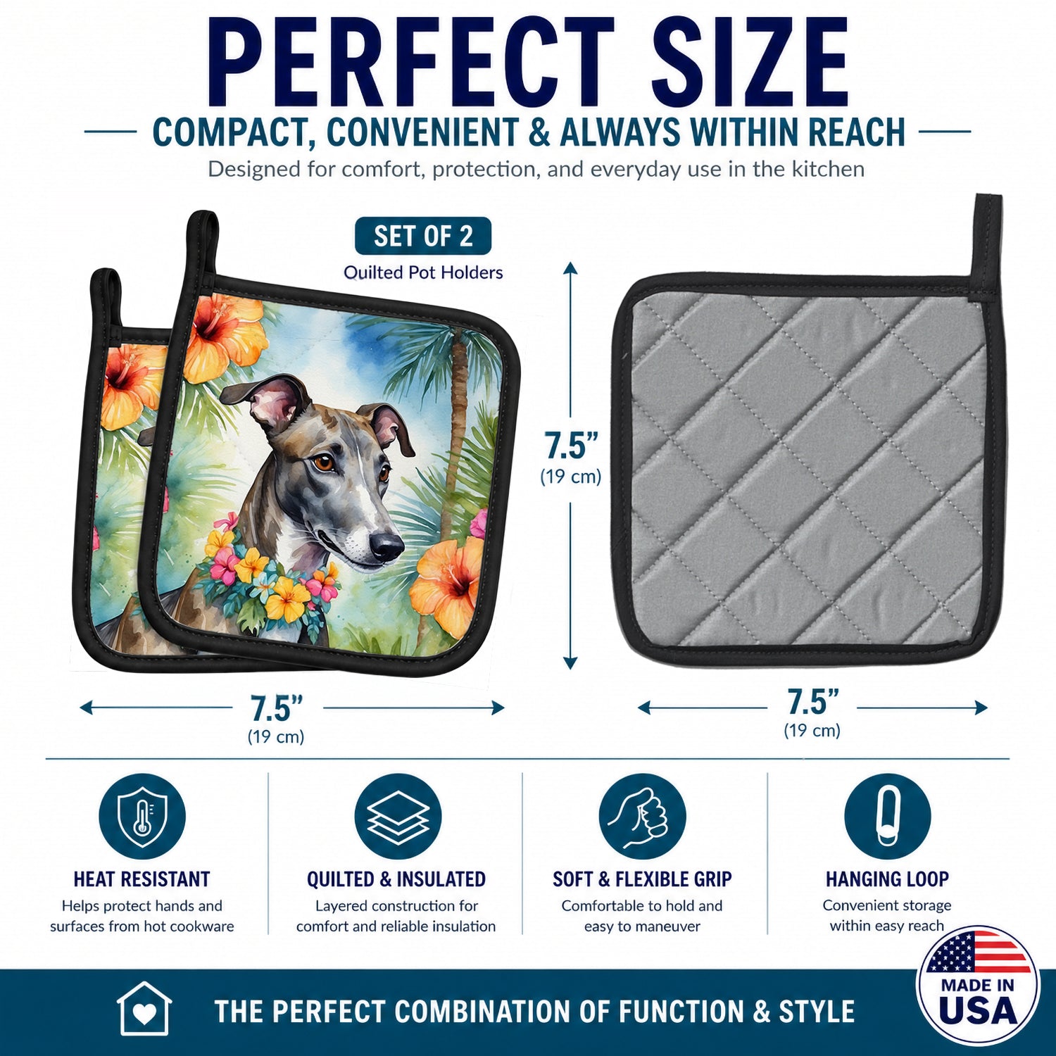 Greyhound Luau Pot Holder Set of 2 Heat Resistant Quilted Hot Pads 7.5 x 7.5 Inch, Insulated Kitchen Trivets for Cooking & Baking