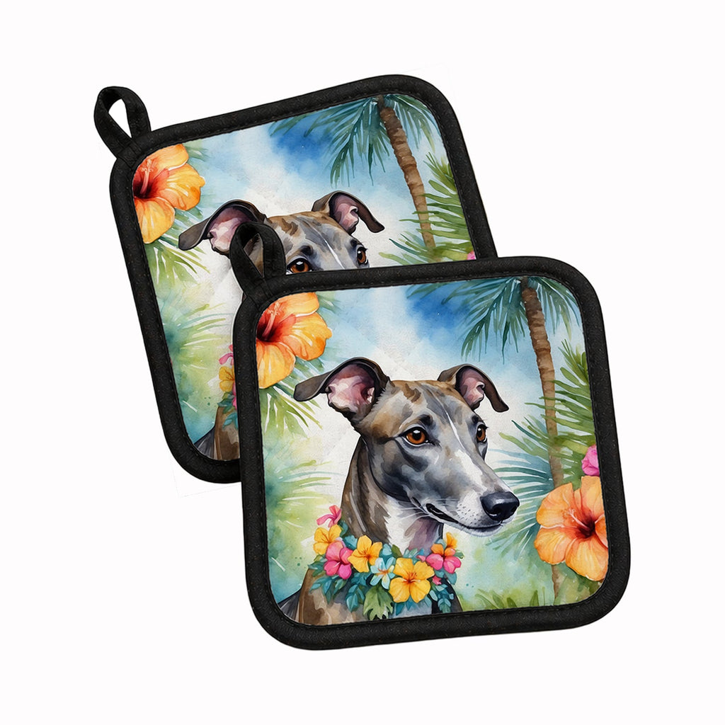 Greyhound Luau Pot Holder Set of 2 Heat Resistant Quilted Hot Pads 7.5 x 7.5 Inch, Insulated Kitchen Trivets for Cooking & Baking