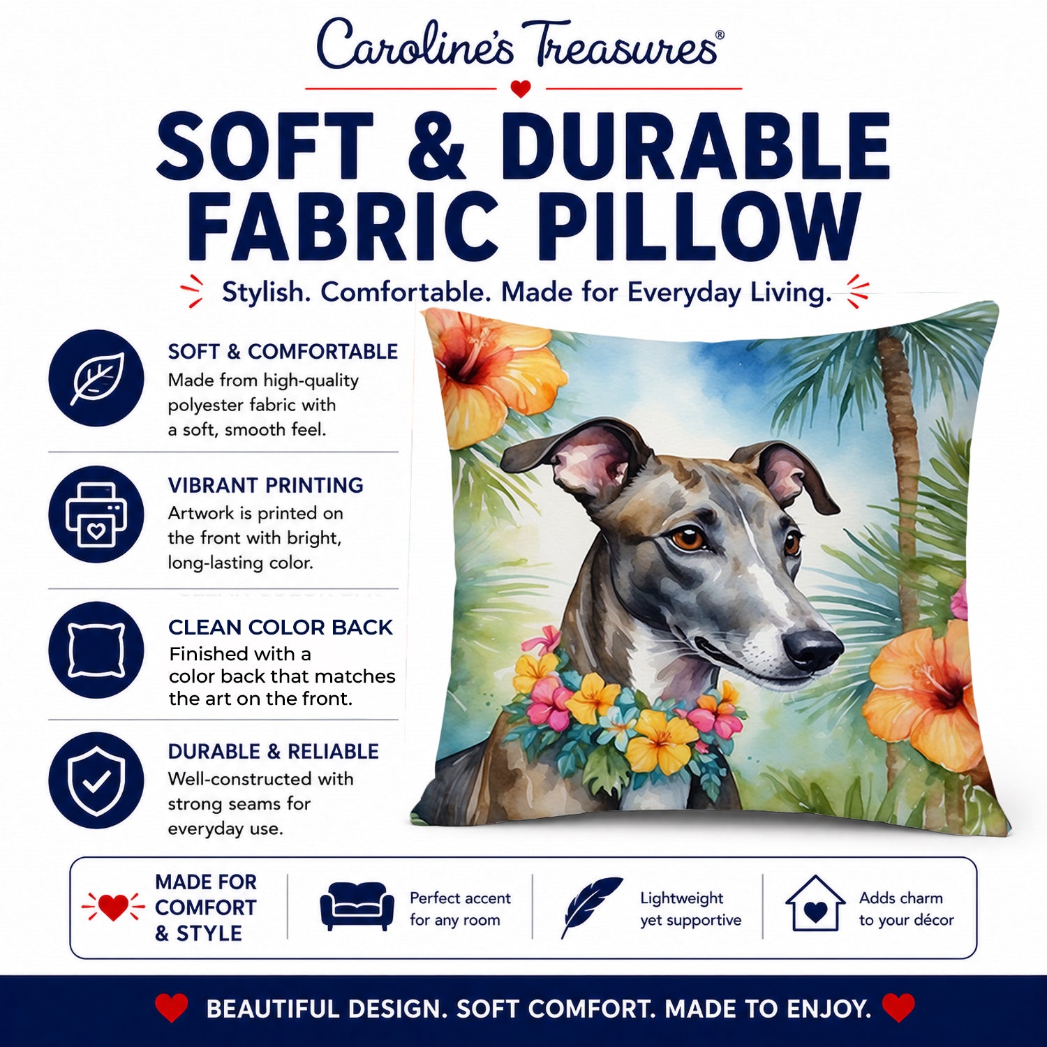 Greyhound Luau Decorative Throw Pillow 14x14 Indoor Outdoor Accent Cushion, Fabric Cover with Insert for Sofa, Bed, Porch & Living Room