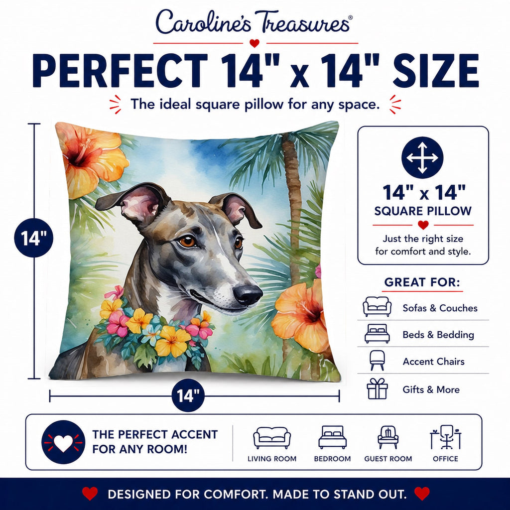 Greyhound Luau Decorative Throw Pillow 14x14 Indoor Outdoor Accent Cushion, Fabric Cover with Insert for Sofa, Bed, Porch & Living Room