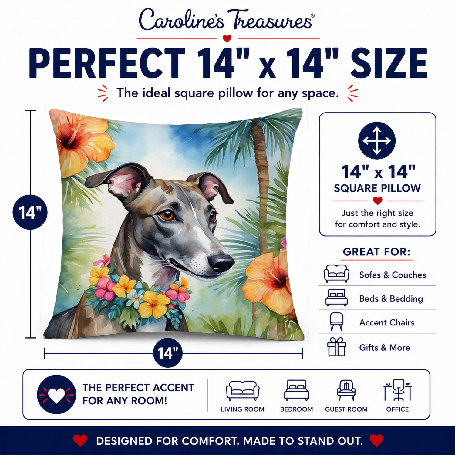 Greyhound Luau Decorative Throw Pillow 14x14 Indoor Outdoor Accent Cushion, Fabric Cover with Insert for Sofa, Bed, Porch & Living Room