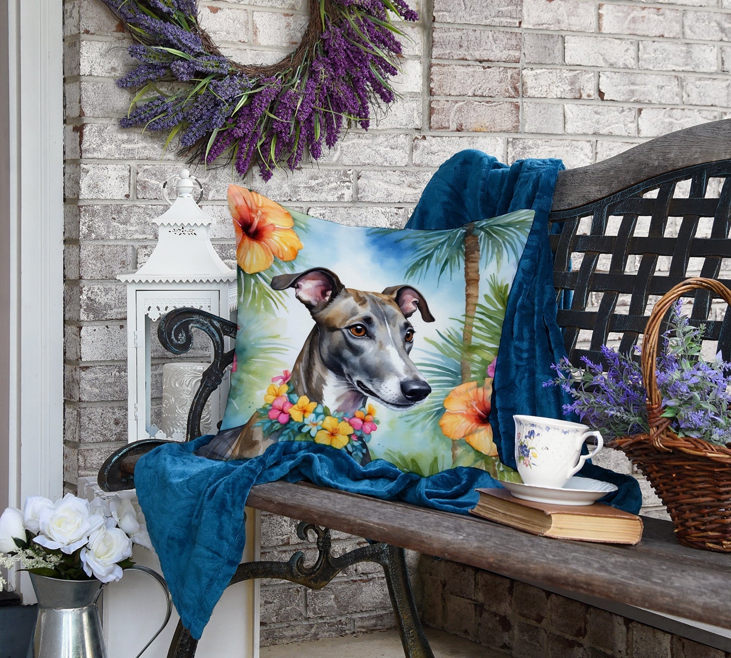 Greyhound Luau Decorative Throw Pillow 18x18 Indoor Outdoor Accent Cushion, Fabric Cover with Insert for Sofa, Bed, Porch & Living Room