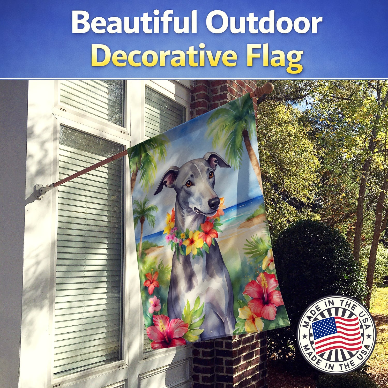 Greyhound Luau House Flag 28x40 Porch Sleeve Pole Decorative Outside Yard Banner Artwork Wall Hanging, Polyester
