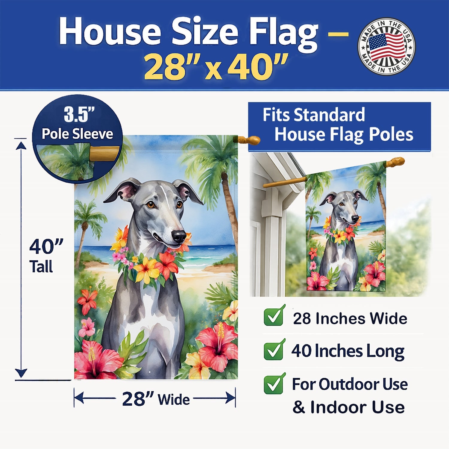 Greyhound Luau House Flag 28x40 Porch Sleeve Pole Decorative Outside Yard Banner Artwork Wall Hanging, Polyester