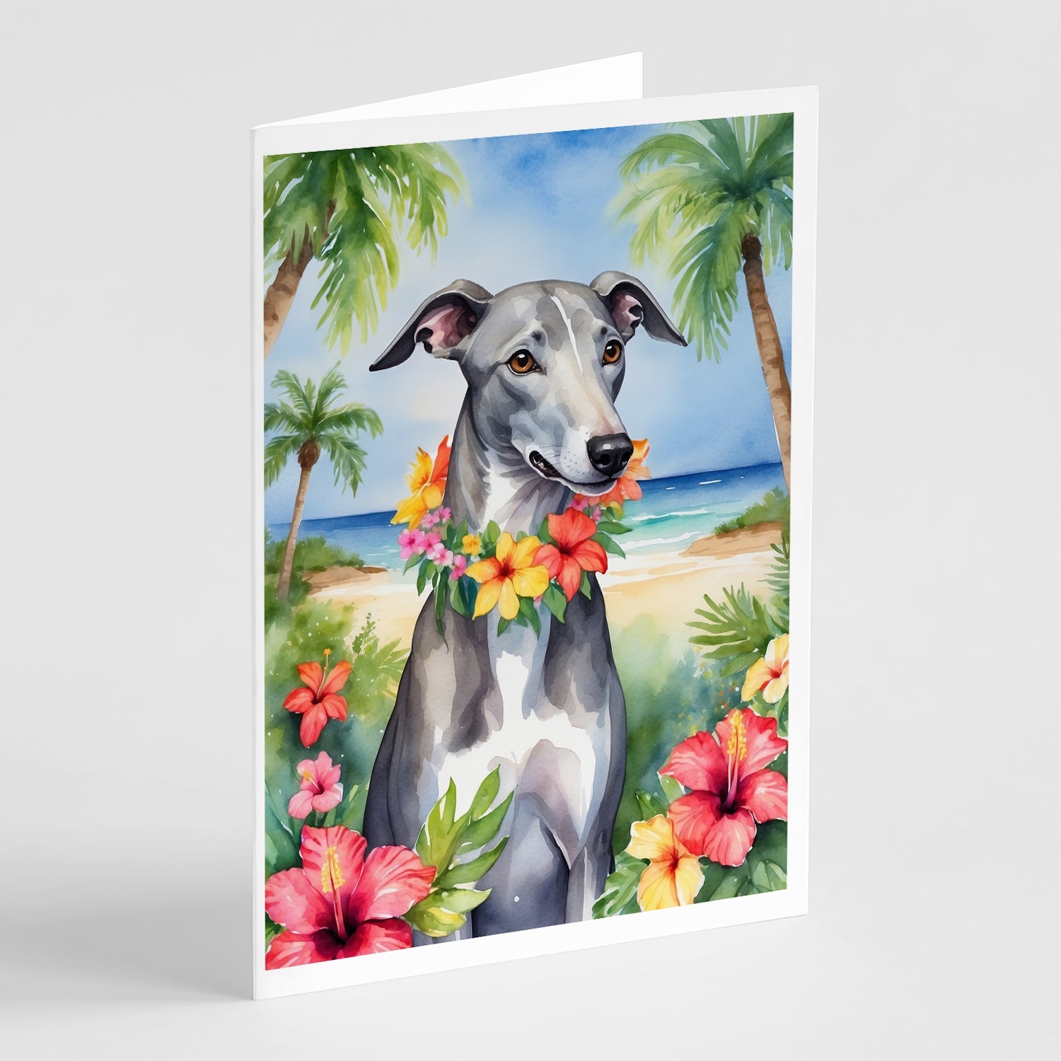 Greyhound Luau Greeting Cards Pack of 8 Blank Cards with Envelopes Whimsical A7 Size 5x7