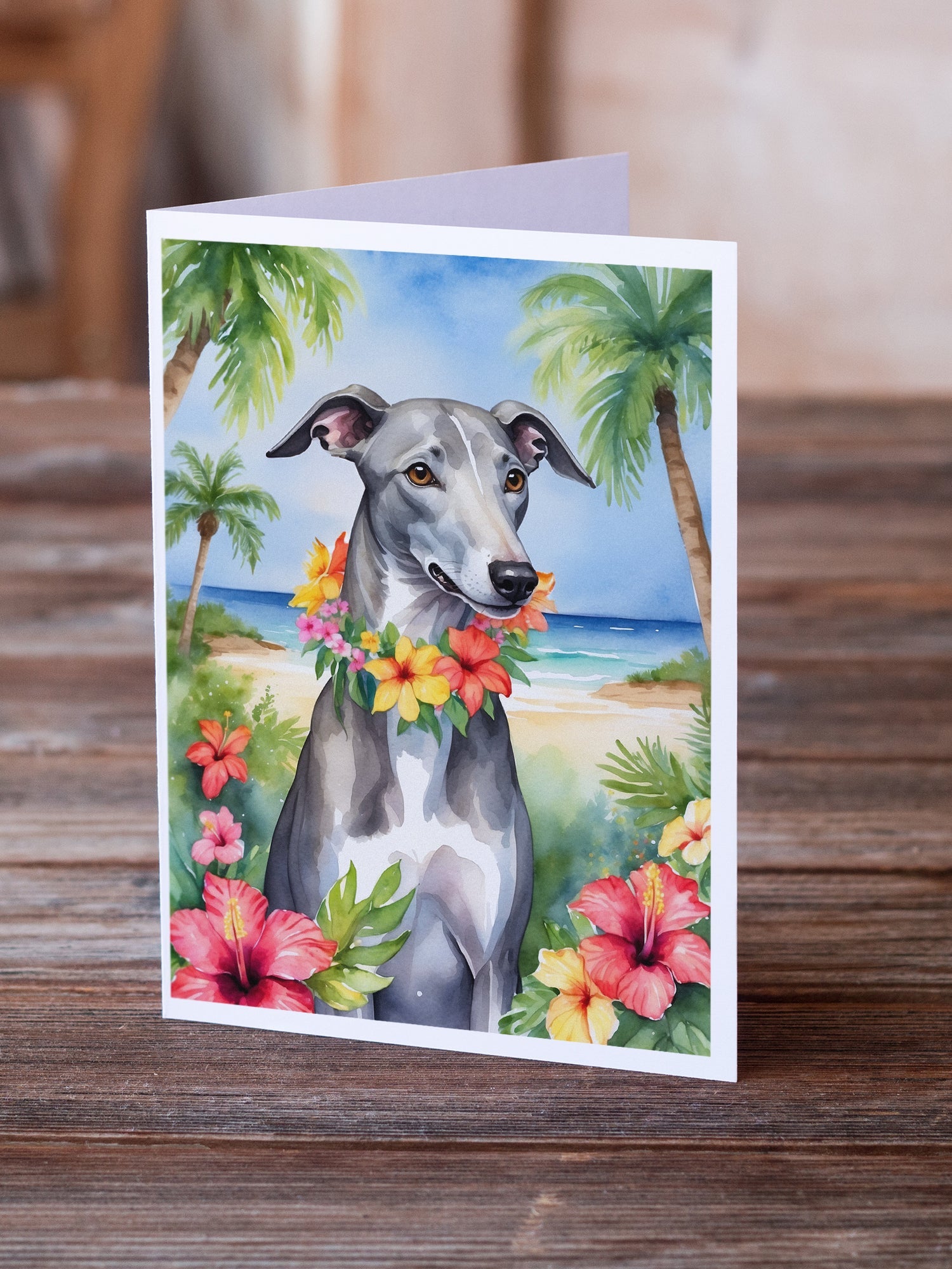 Greyhound Luau Greeting Cards Pack of 8 Blank Cards with Envelopes Whimsical A7 Size 5x7