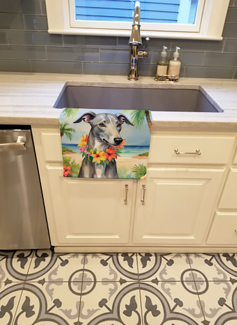 Greyhound Luau Kitchen Towel Velour Plush Front and Cotton Loop Back Machine Washable