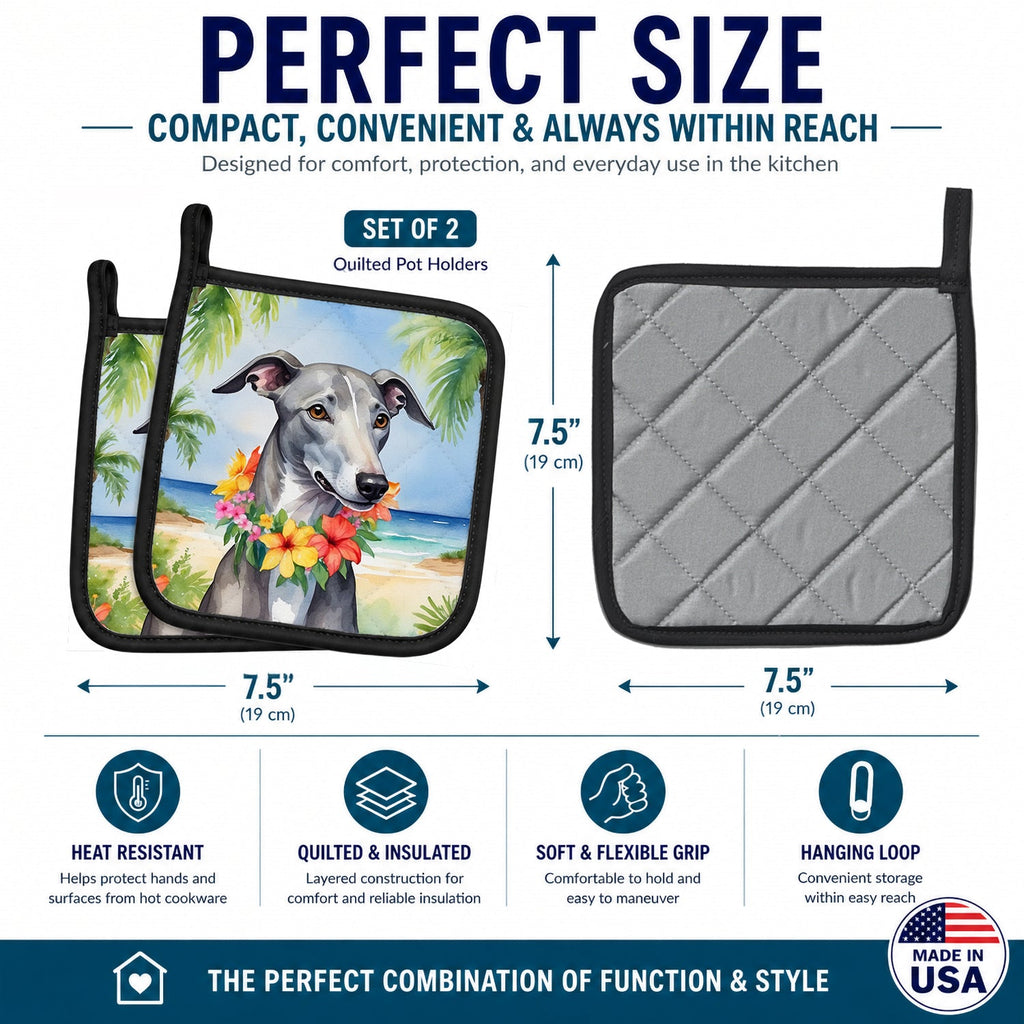 Greyhound Luau Pot Holder Set of 2 Heat Resistant Quilted Hot Pads 7.5 x 7.5 Inch, Insulated Kitchen Trivets for Cooking & Baking