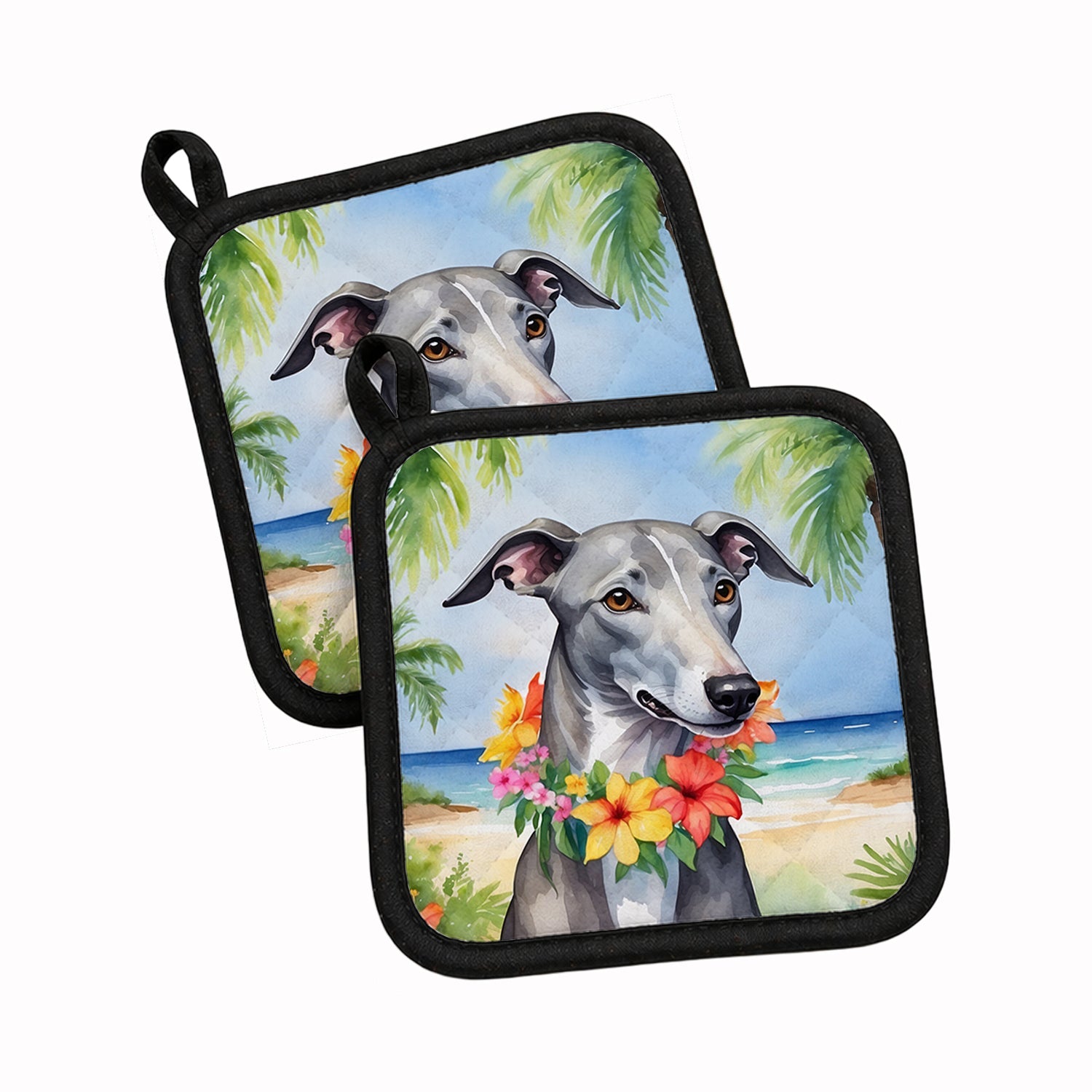 Greyhound Luau Pot Holder Set of 2 Heat Resistant Quilted Hot Pads 7.5 x 7.5 Inch, Insulated Kitchen Trivets for Cooking & Baking