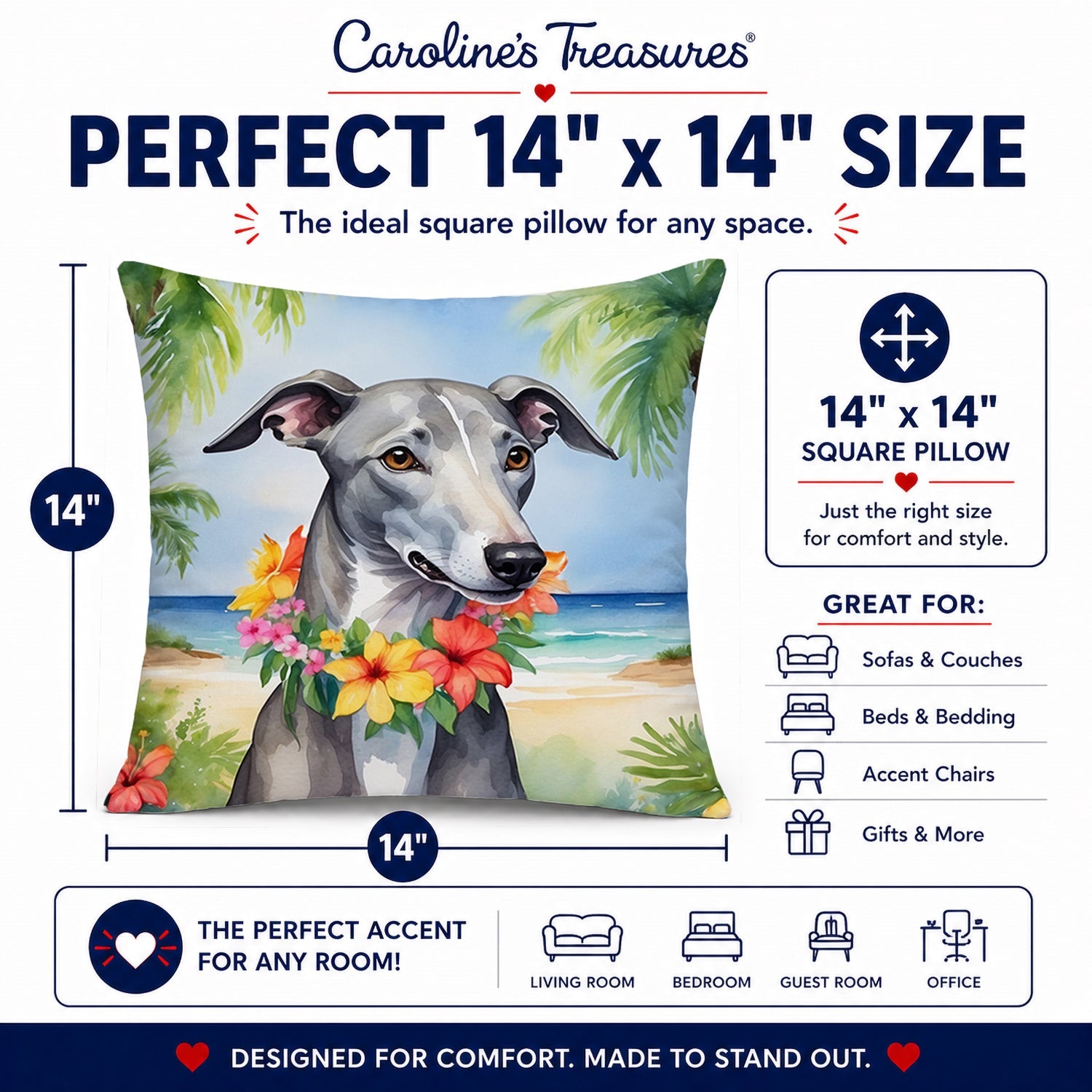 Greyhound Luau Decorative Throw Pillow 14x14 Indoor Outdoor Accent Cushion, Fabric Cover with Insert for Sofa, Bed, Porch & Living Room