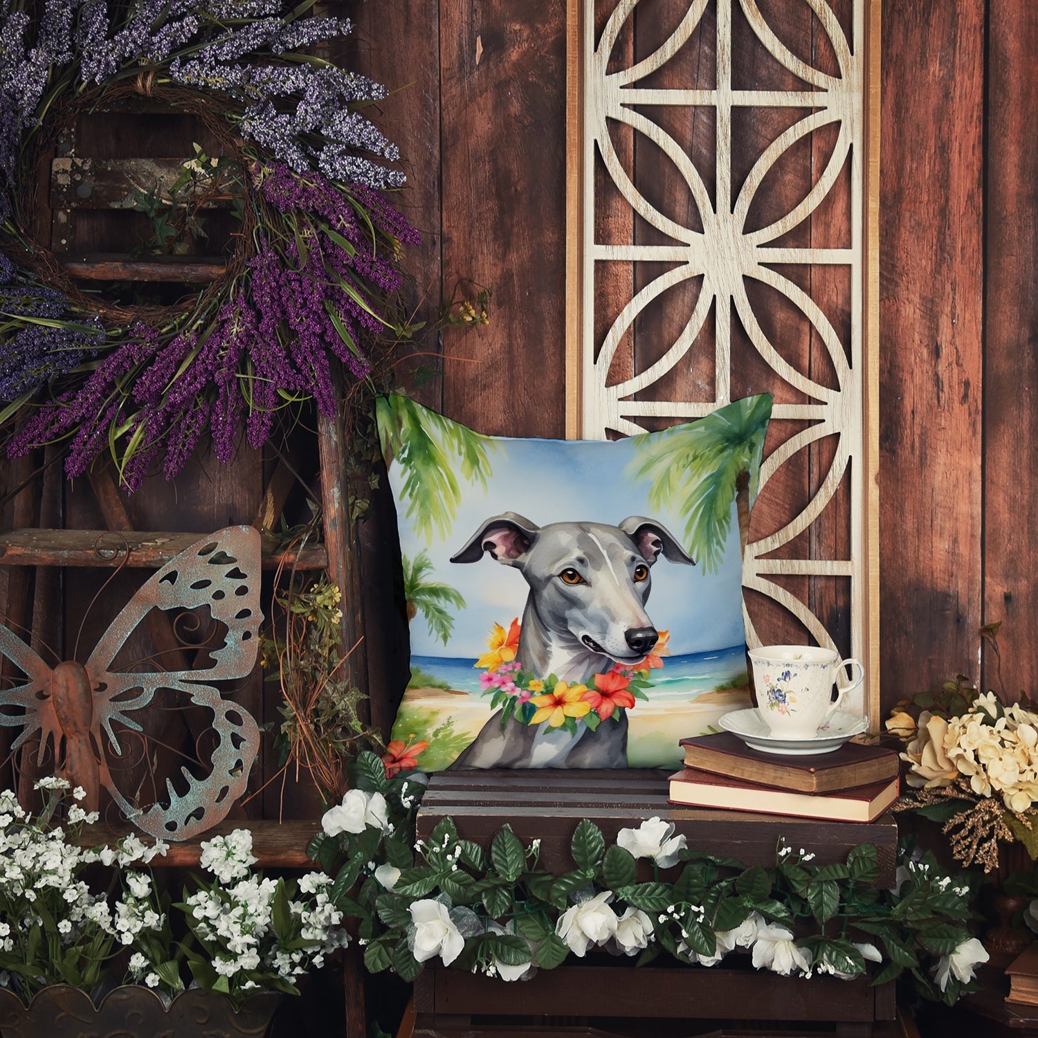 Greyhound Luau Decorative Throw Pillow 18x18 Indoor Outdoor Accent Cushion, Fabric Cover with Insert for Sofa, Bed, Porch & Living Room