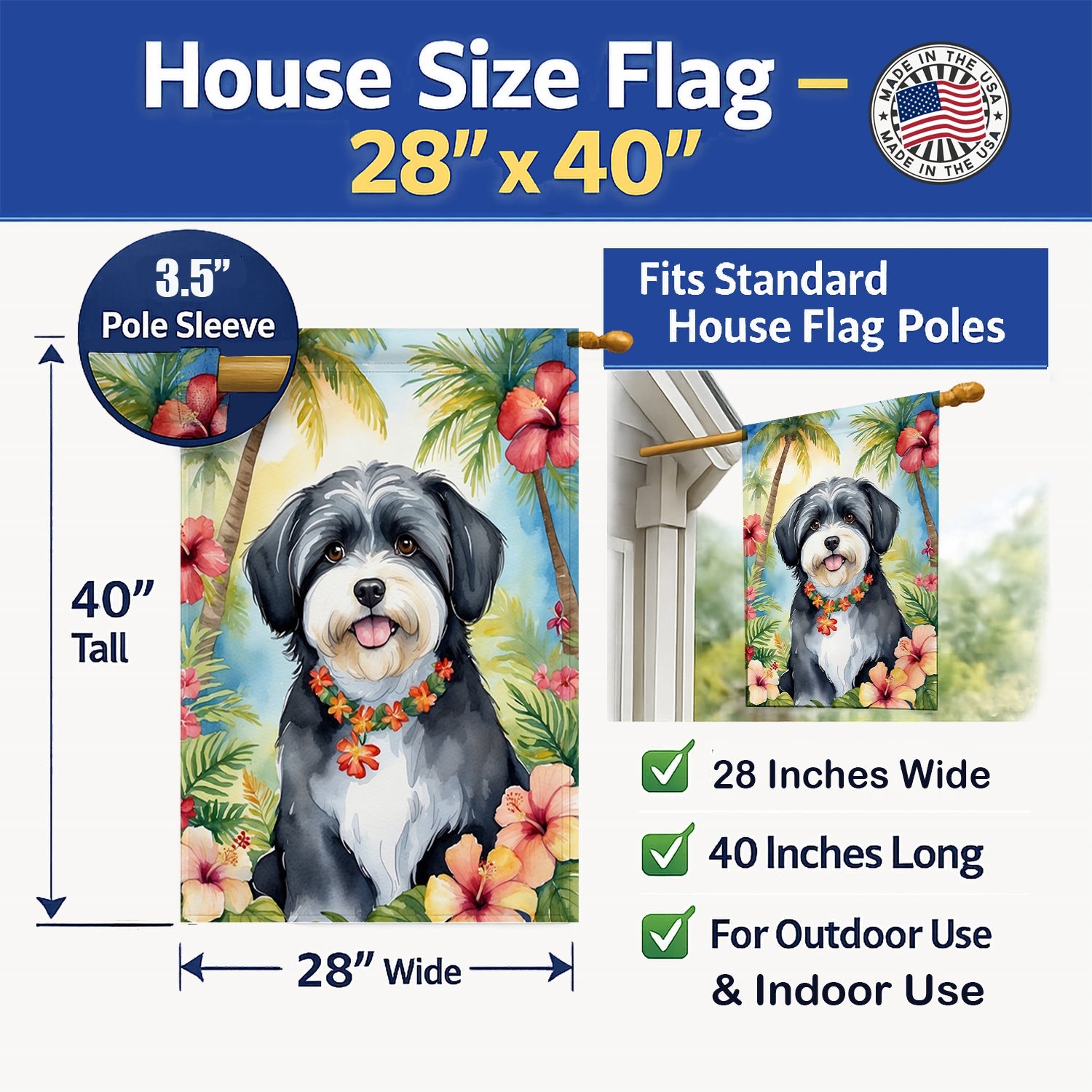 Havanese Luau House Flag 28x40 Porch Sleeve Pole Decorative Outside Yard Banner Artwork Wall Hanging, Polyester