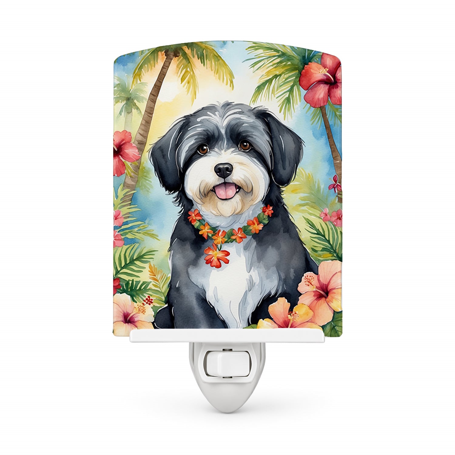 Havanese Luau Ceramic Night Light Compact, UL-Certified, Ideal for Bedroom, Bathroom, Nursery, Hallway, Kitchen, 6x4x3, Multicolor