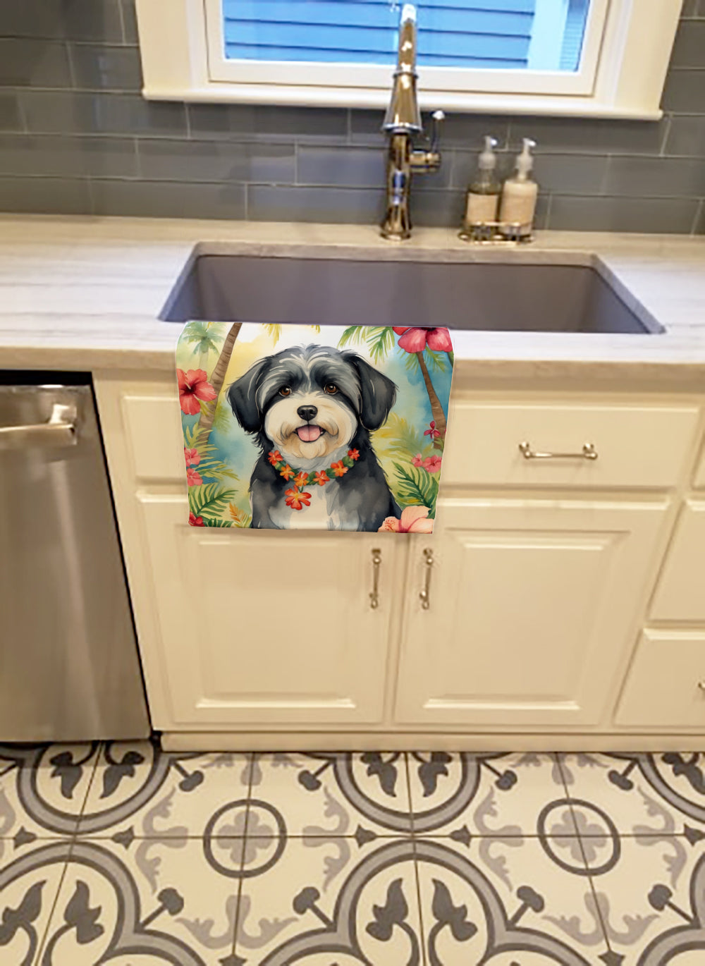 Havanese Luau Kitchen Towel Velour Plush Front and Cotton Loop Back Machine Washable