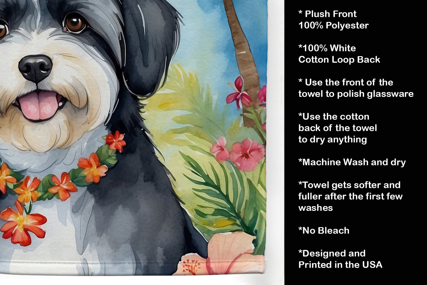 Havanese Luau Kitchen Towel Velour Plush Front and Cotton Loop Back Machine Washable