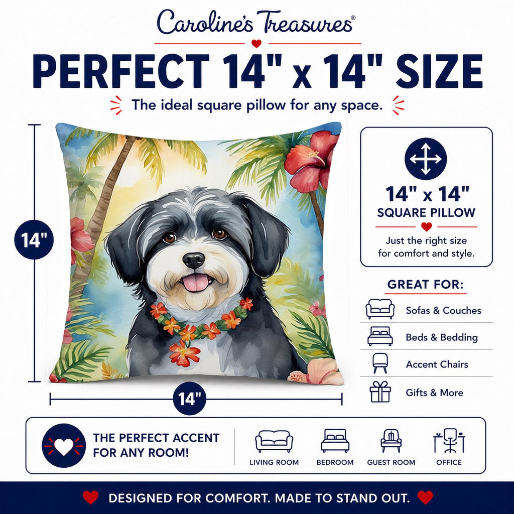 Havanese Luau Decorative Throw Pillow 14x14 Indoor Outdoor Accent Cushion, Fabric Cover with Insert for Sofa, Bed, Porch & Living Room