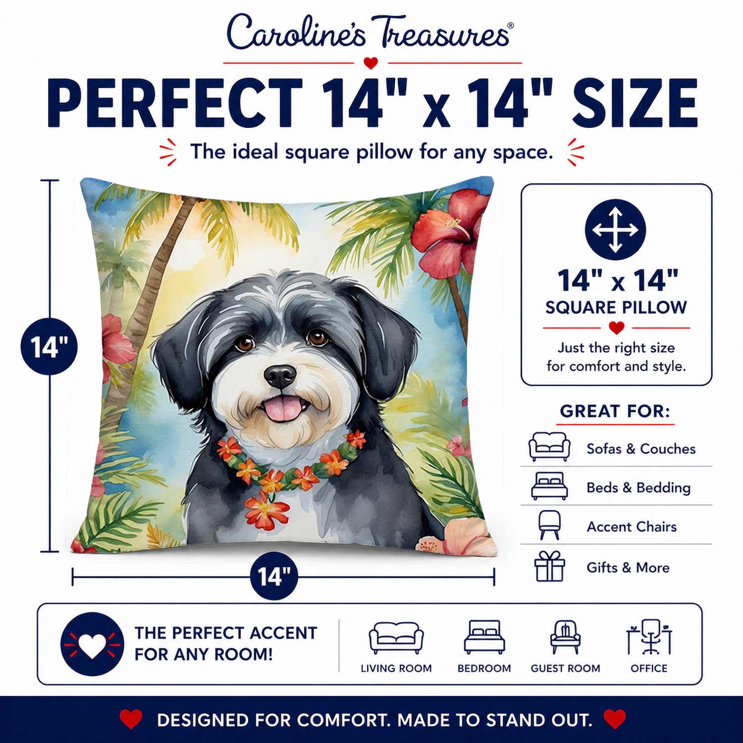 Havanese Luau Decorative Throw Pillow 14x14 Indoor Outdoor Accent Cushion, Fabric Cover with Insert for Sofa, Bed, Porch & Living Room