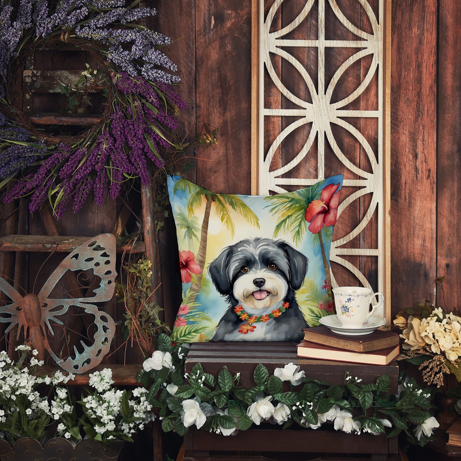 Havanese Luau Decorative Throw Pillow 18x18 Indoor Outdoor Accent Cushion, Fabric Cover with Insert for Sofa, Bed, Porch & Living Room