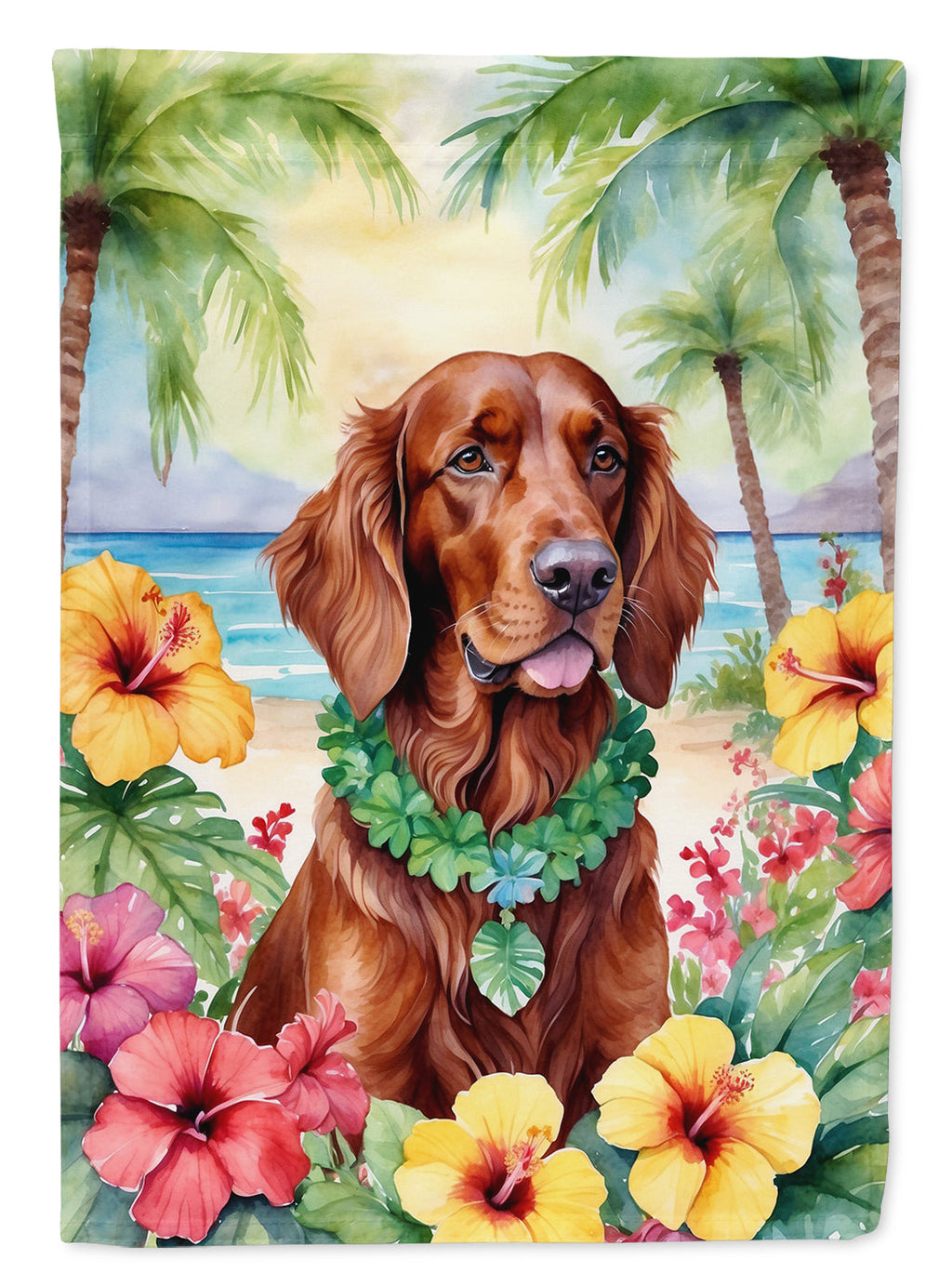 Irish Setter Luau House Flag 28x40 Porch Sleeve Pole Decorative Outside Yard Banner Artwork Wall Hanging, Polyester