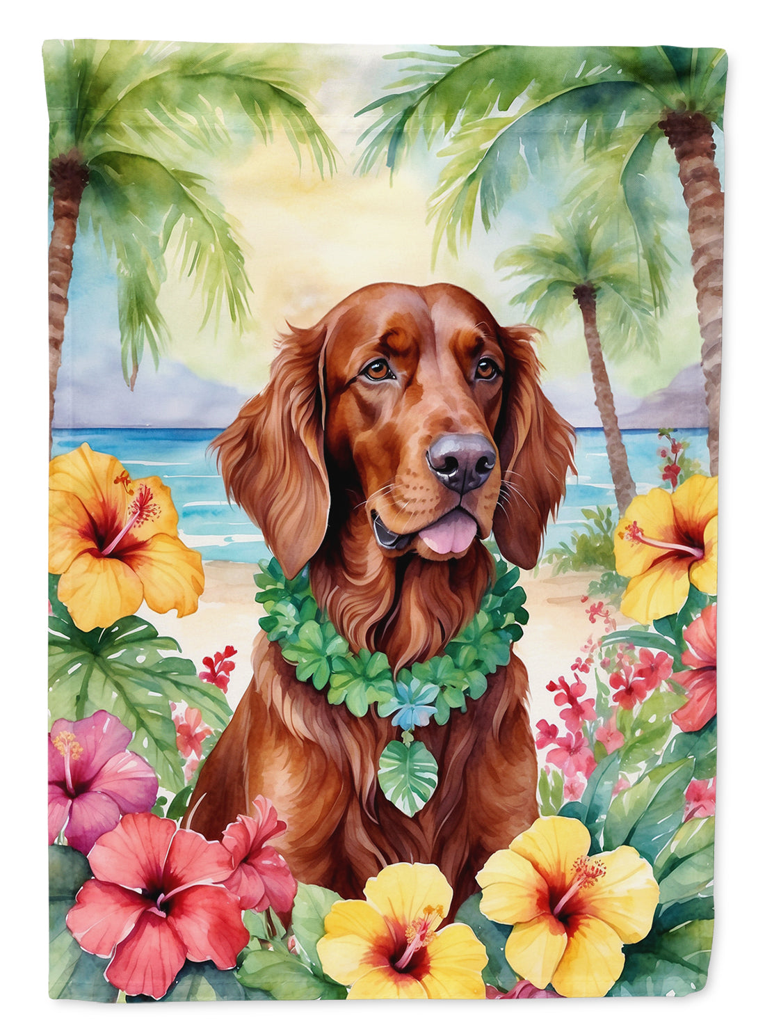 Irish Setter Luau House Flag 28x40 Porch Sleeve Pole Decorative Outside Yard Banner Artwork Wall Hanging, Polyester