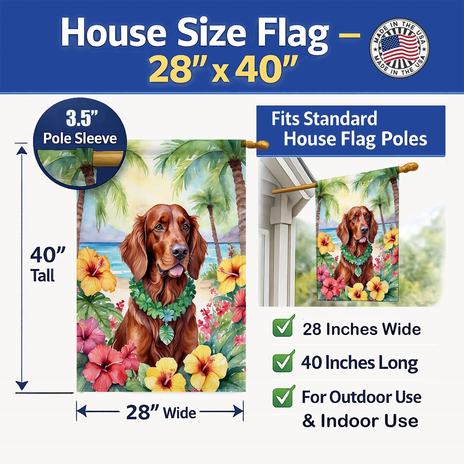 Irish Setter Luau House Flag 28x40 Porch Sleeve Pole Decorative Outside Yard Banner Artwork Wall Hanging, Polyester