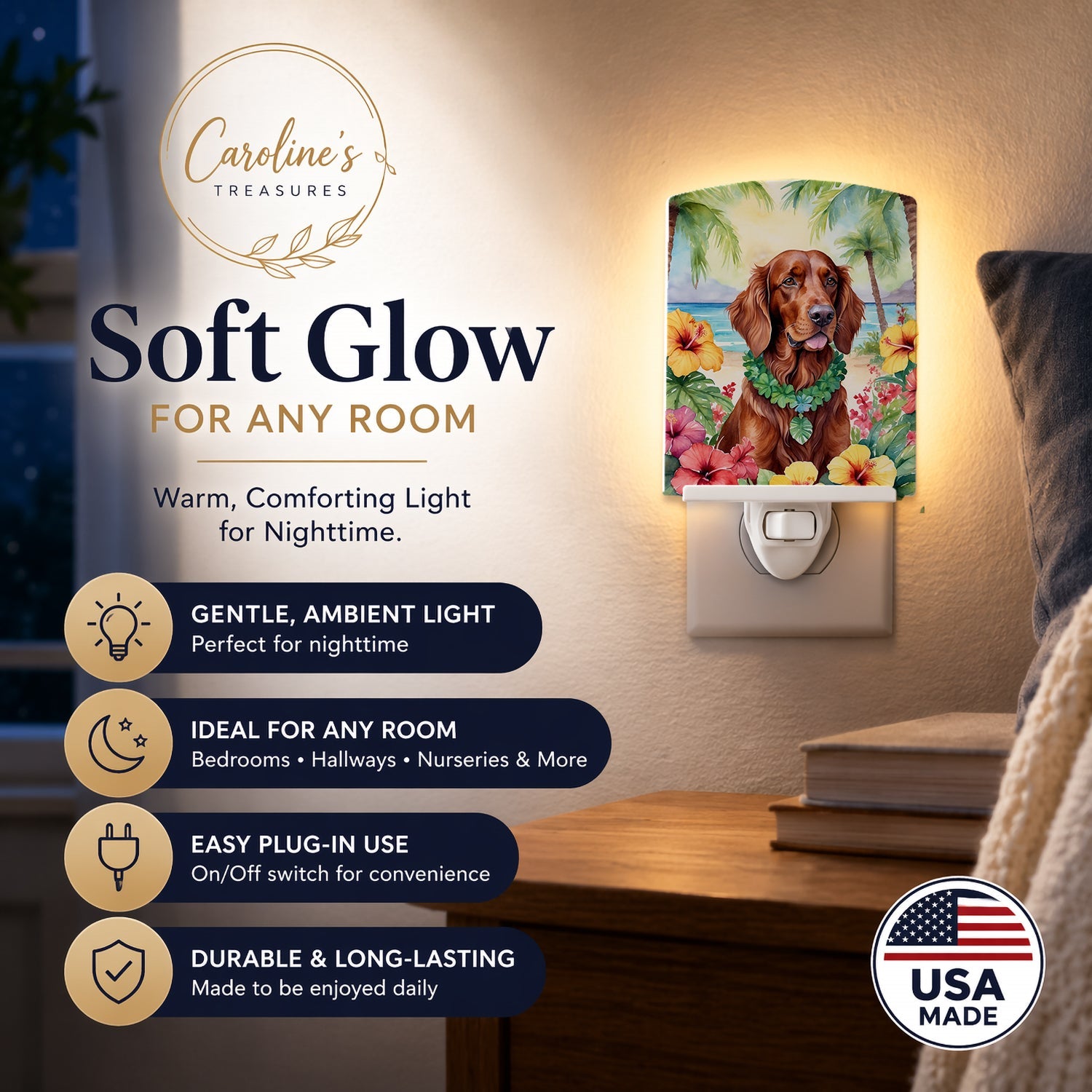 Irish Setter Luau Ceramic Night Light Compact, UL-Certified, Ideal for Bedroom, Bathroom, Nursery, Hallway, Kitchen, 6x4x3, Multicolor