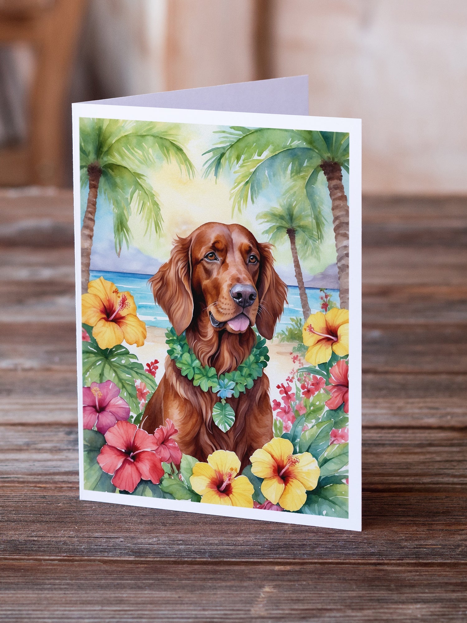 Irish Setter Luau Greeting Cards Pack of 8 Blank Cards with Envelopes Whimsical A7 Size 5x7