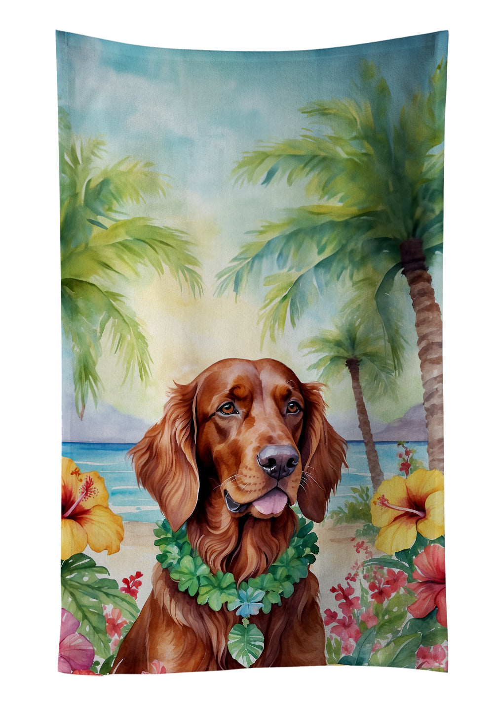 Irish Setter Luau Kitchen Towel Velour Plush Front and Cotton Loop Back Machine Washable