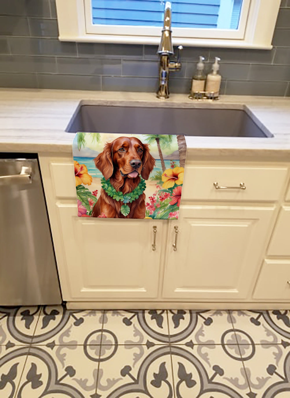 Irish Setter Luau Kitchen Towel Velour Plush Front and Cotton Loop Back Machine Washable