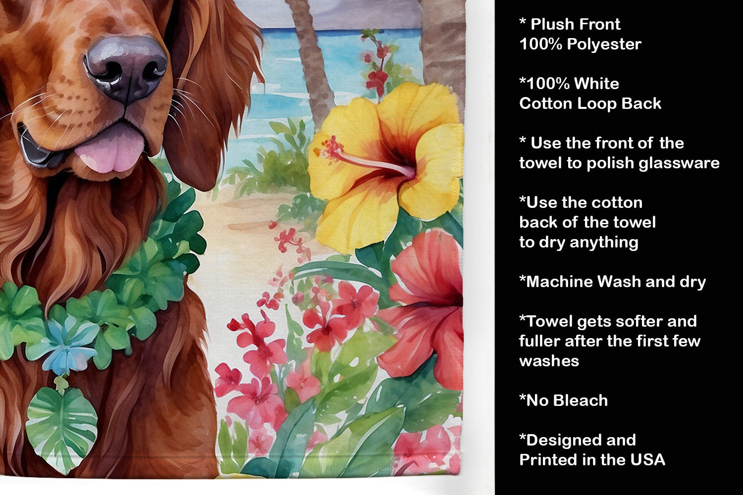 Irish Setter Luau Kitchen Towel Velour Plush Front and Cotton Loop Back Machine Washable