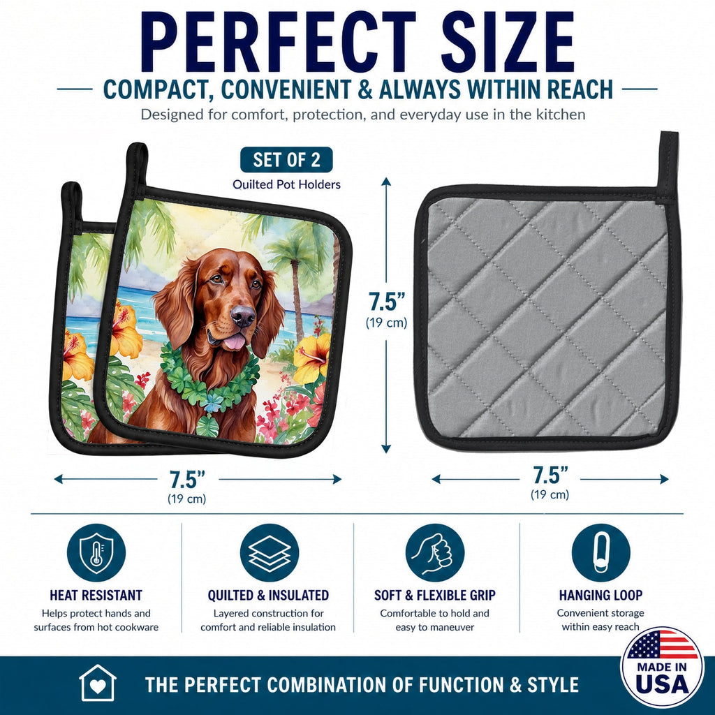 Irish Setter Luau Pot Holder Set of 2 Heat Resistant Quilted Hot Pads 7.5 x 7.5 Inch, Insulated Kitchen Trivets for Cooking & Baking