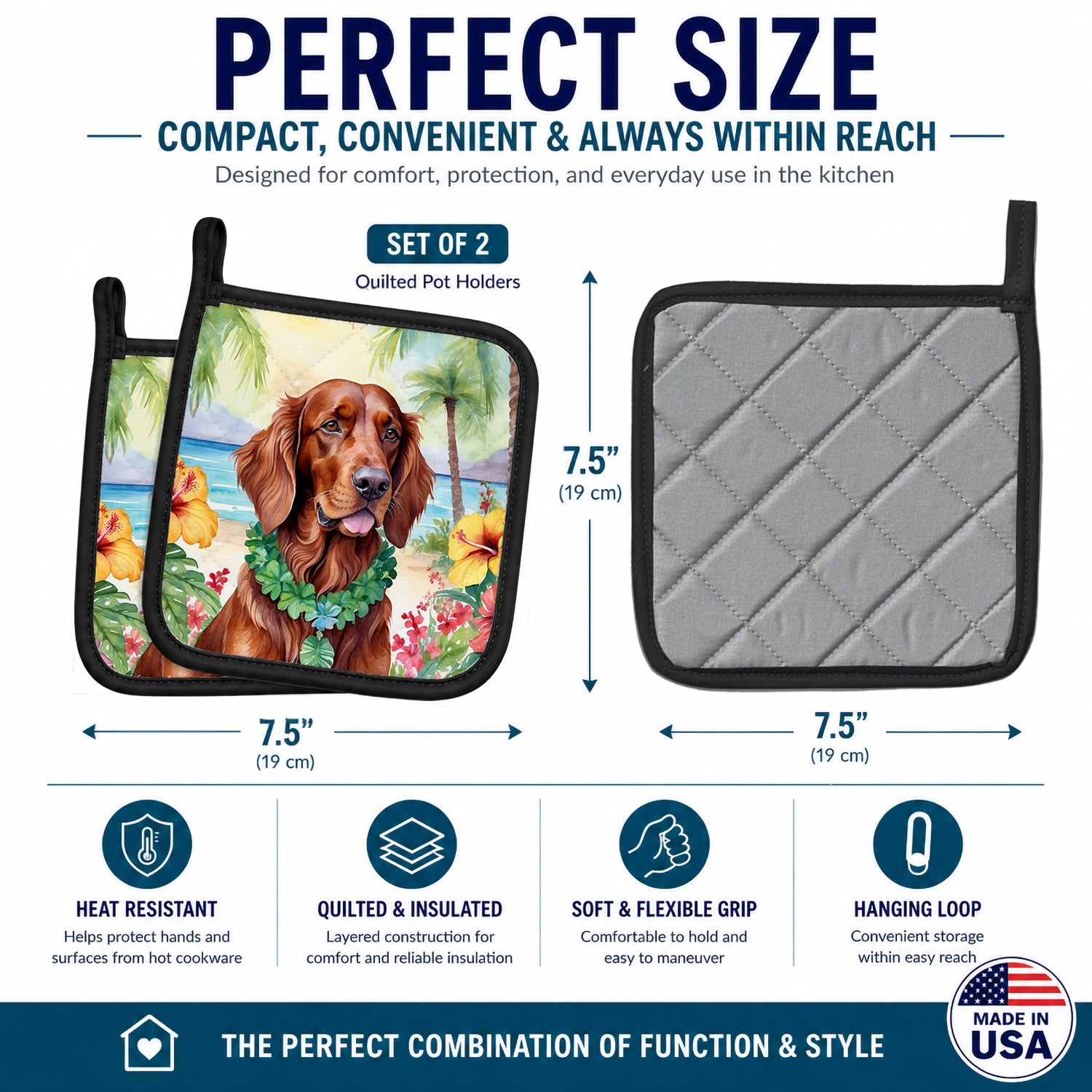 Irish Setter Luau Pot Holder Set of 2 Heat Resistant Quilted Hot Pads 7.5 x 7.5 Inch, Insulated Kitchen Trivets for Cooking & Baking