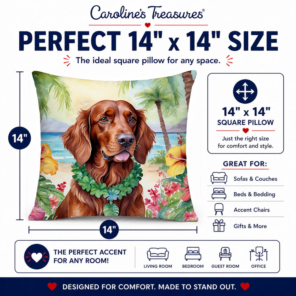 Irish Setter Luau Decorative Throw Pillow 14x14 Indoor Outdoor Accent Cushion, Fabric Cover with Insert for Sofa, Bed, Porch & Living Room