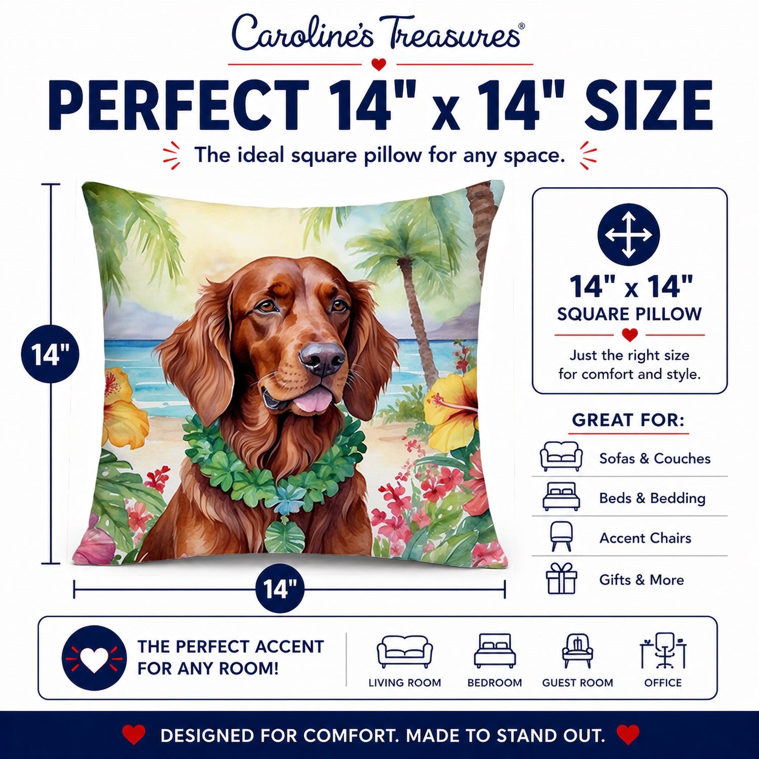 Irish Setter Luau Decorative Throw Pillow 14x14 Indoor Outdoor Accent Cushion, Fabric Cover with Insert for Sofa, Bed, Porch & Living Room