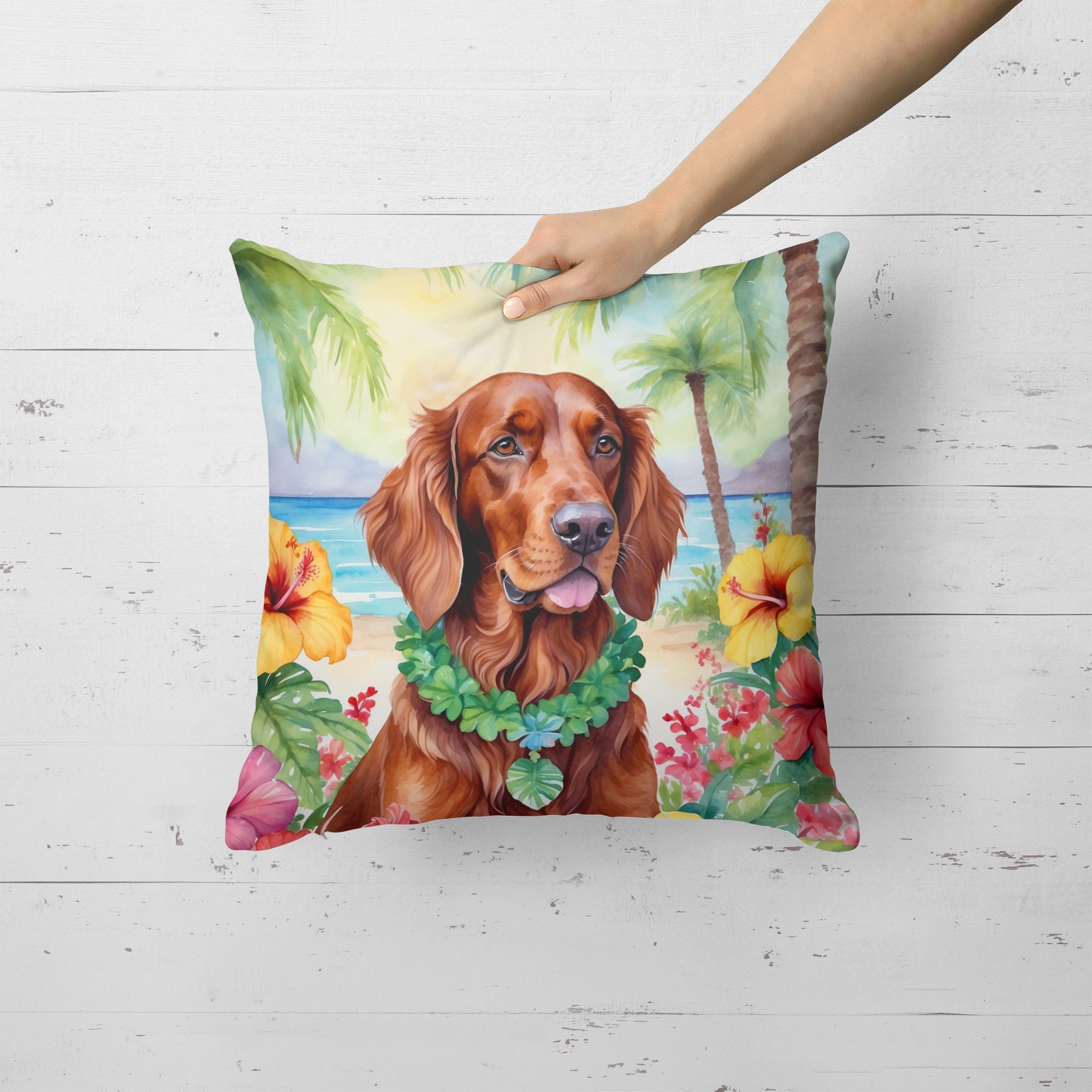 Irish Setter Luau Decorative Throw Pillow 18x18 Indoor Outdoor Accent Cushion, Fabric Cover with Insert for Sofa, Bed, Porch & Living Room