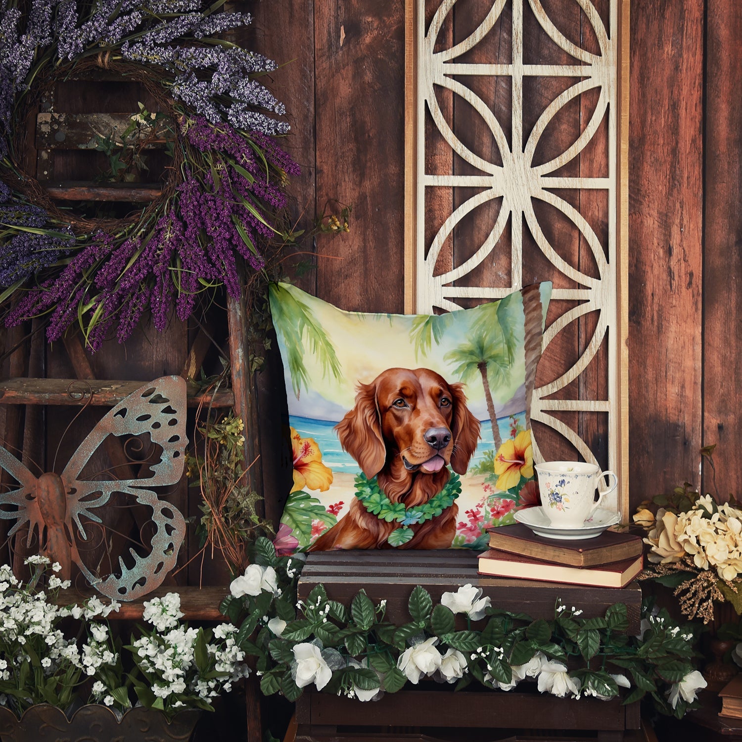 Irish Setter Luau Decorative Throw Pillow 18x18 Indoor Outdoor Accent Cushion, Fabric Cover with Insert for Sofa, Bed, Porch & Living Room