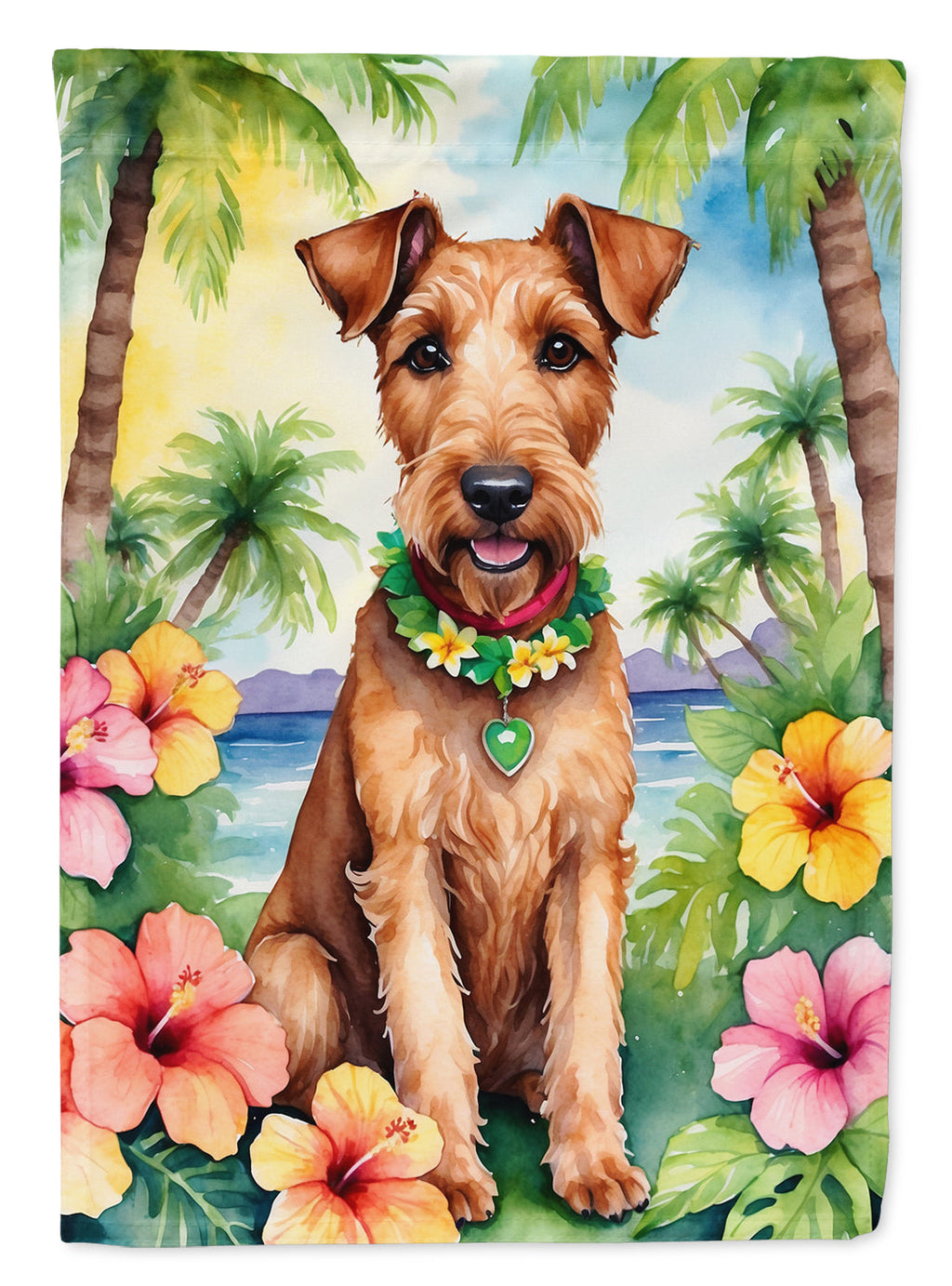 Irish Terrier Luau House Flag 28x40 Porch Sleeve Pole Decorative Outside Yard Banner Artwork Wall Hanging, Polyester