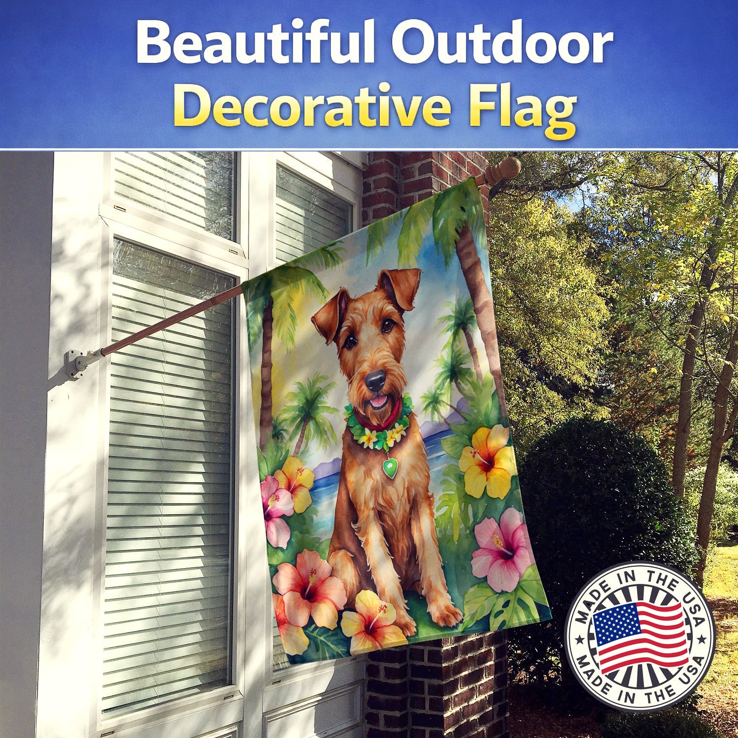 Irish Terrier Luau House Flag 28x40 Porch Sleeve Pole Decorative Outside Yard Banner Artwork Wall Hanging, Polyester