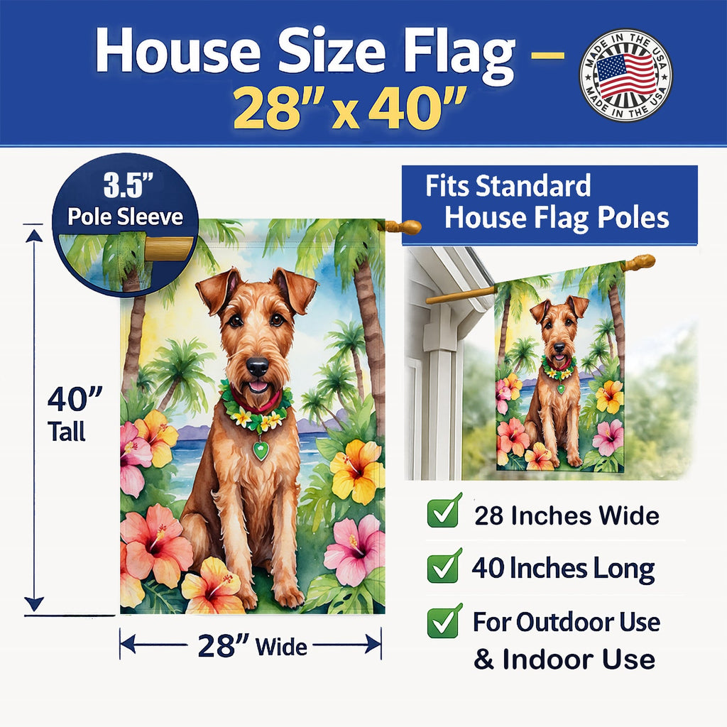 Irish Terrier Luau House Flag 28x40 Porch Sleeve Pole Decorative Outside Yard Banner Artwork Wall Hanging, Polyester