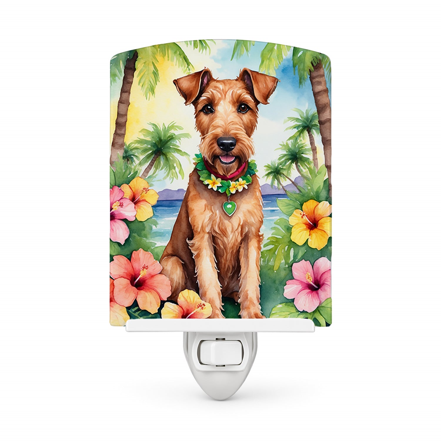 Irish Terrier Luau Ceramic Night Light Compact, UL-Certified, Ideal for Bedroom, Bathroom, Nursery, Hallway, Kitchen, 6x4x3, Multicolor
