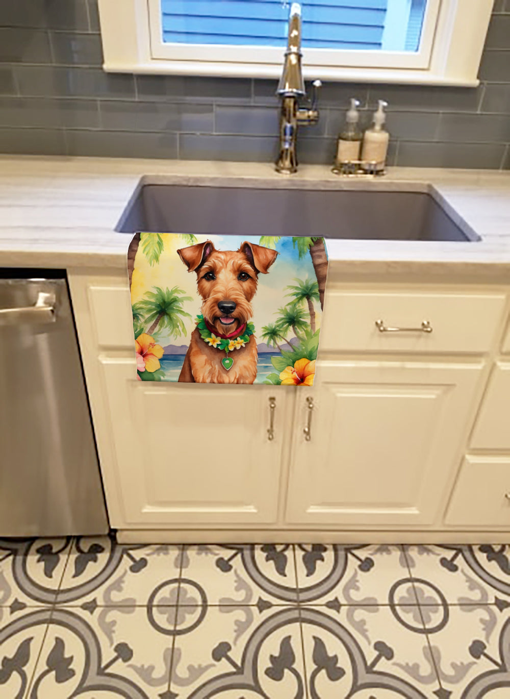Irish Terrier Luau Kitchen Towel Velour Plush Front and Cotton Loop Back Machine Washable