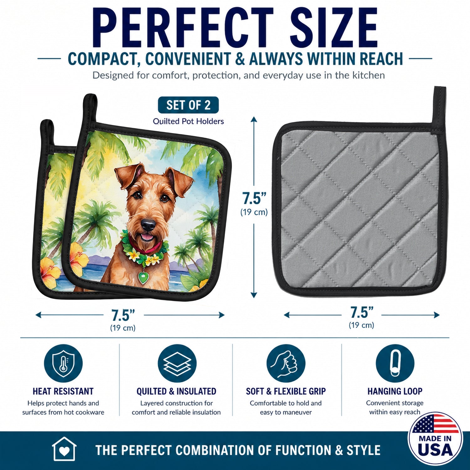 Irish Terrier Luau Pot Holder Set of 2 Heat Resistant Quilted Hot Pads 7.5 x 7.5 Inch, Insulated Kitchen Trivets for Cooking & Baking