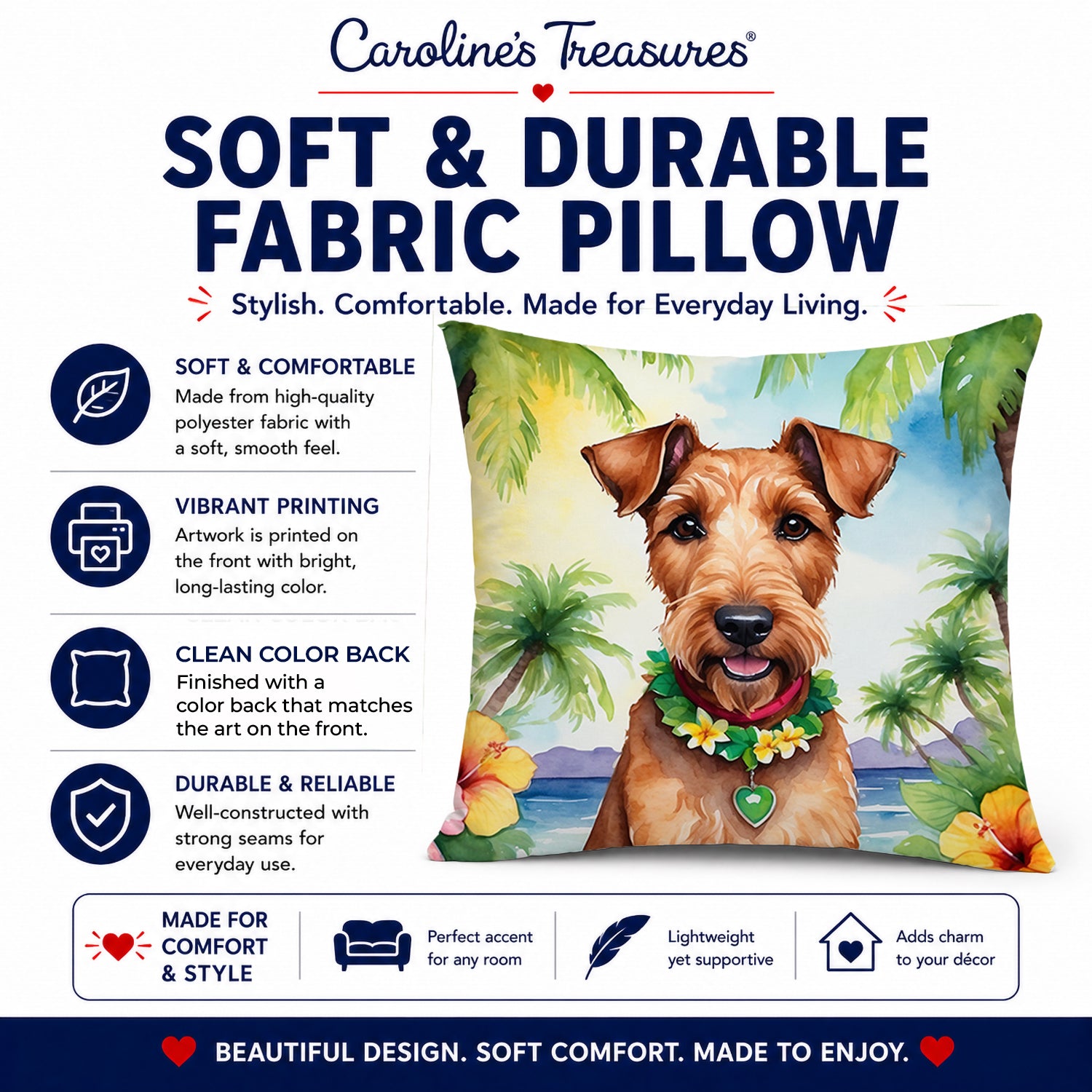 Irish Terrier Luau Decorative Throw Pillow 14x14 Indoor Outdoor Accent Cushion, Fabric Cover with Insert for Sofa, Bed, Porch & Living Room