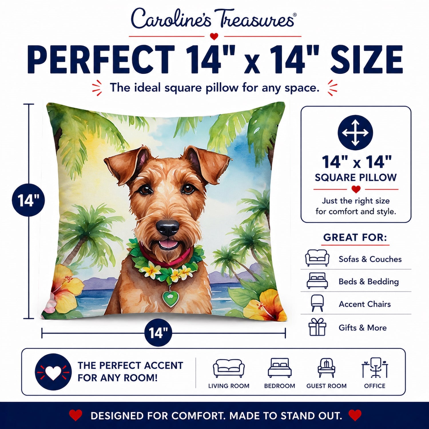Irish Terrier Luau Decorative Throw Pillow 14x14 Indoor Outdoor Accent Cushion, Fabric Cover with Insert for Sofa, Bed, Porch & Living Room