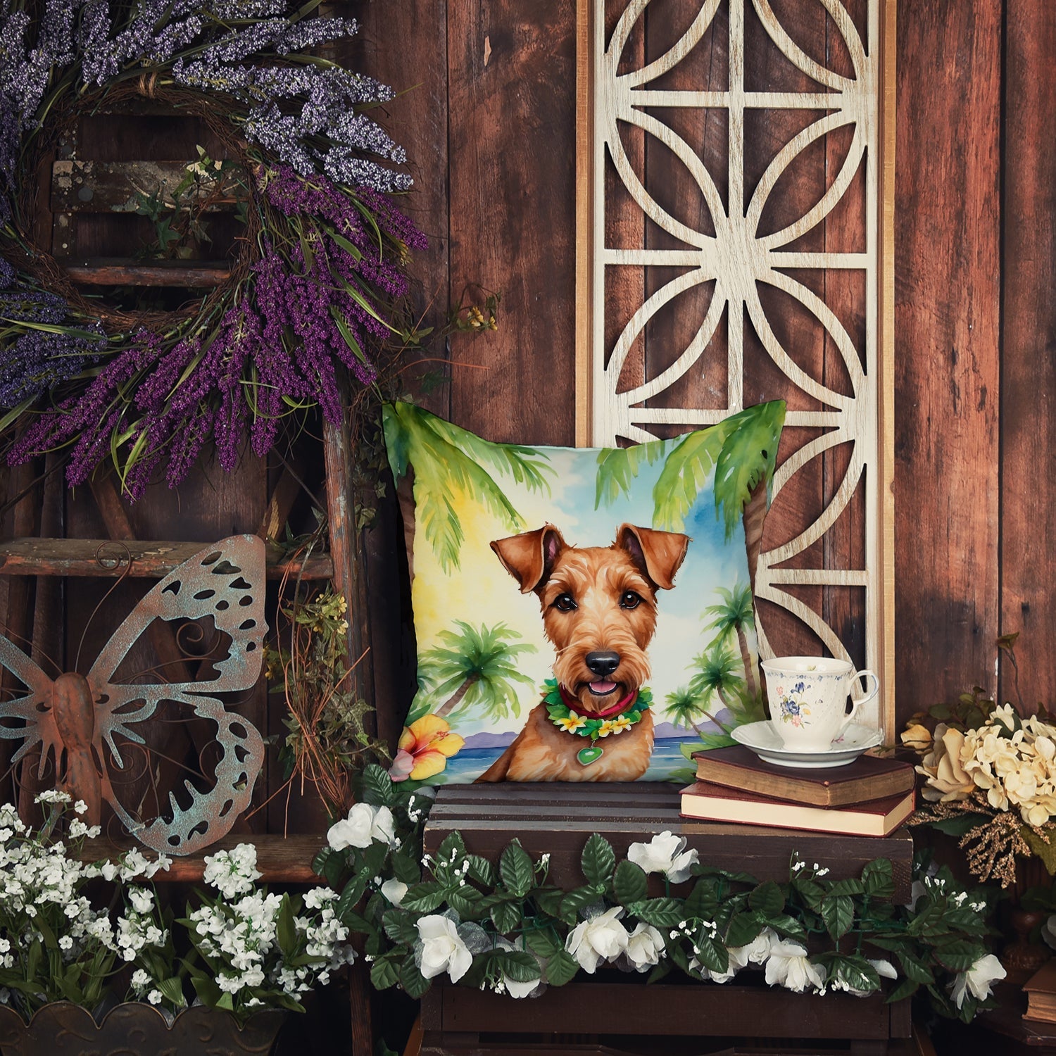 Irish Terrier Luau Decorative Throw Pillow 18x18 Indoor Outdoor Accent Cushion, Fabric Cover with Insert for Sofa, Bed, Porch & Living Room