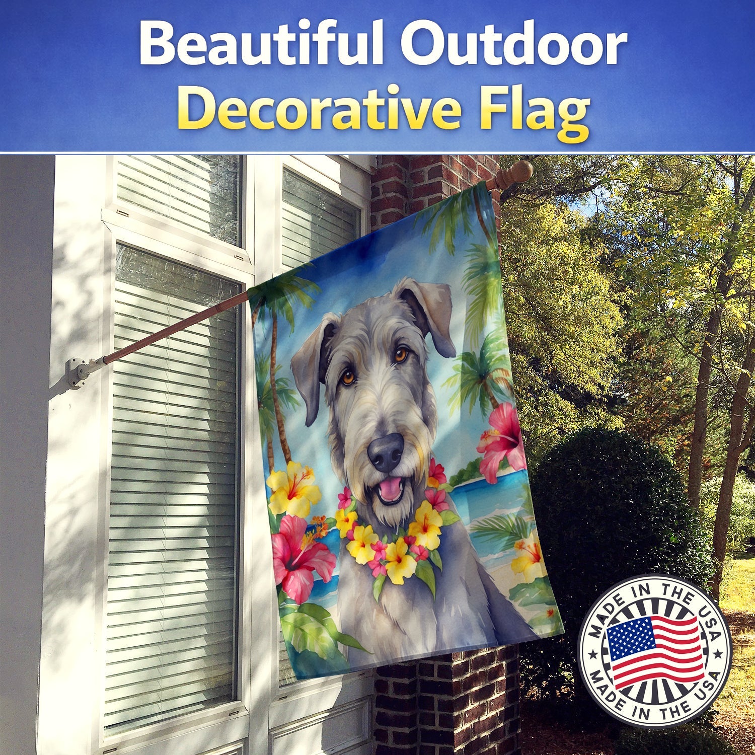 Irish Wolfhound Luau House Flag 28x40 Porch Sleeve Pole Decorative Outside Yard Banner Artwork Wall Hanging, Polyester